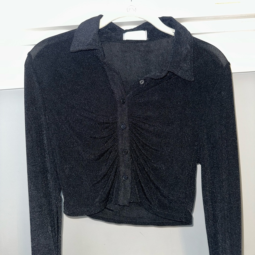 Isalis black sparkly fitted button down shirt